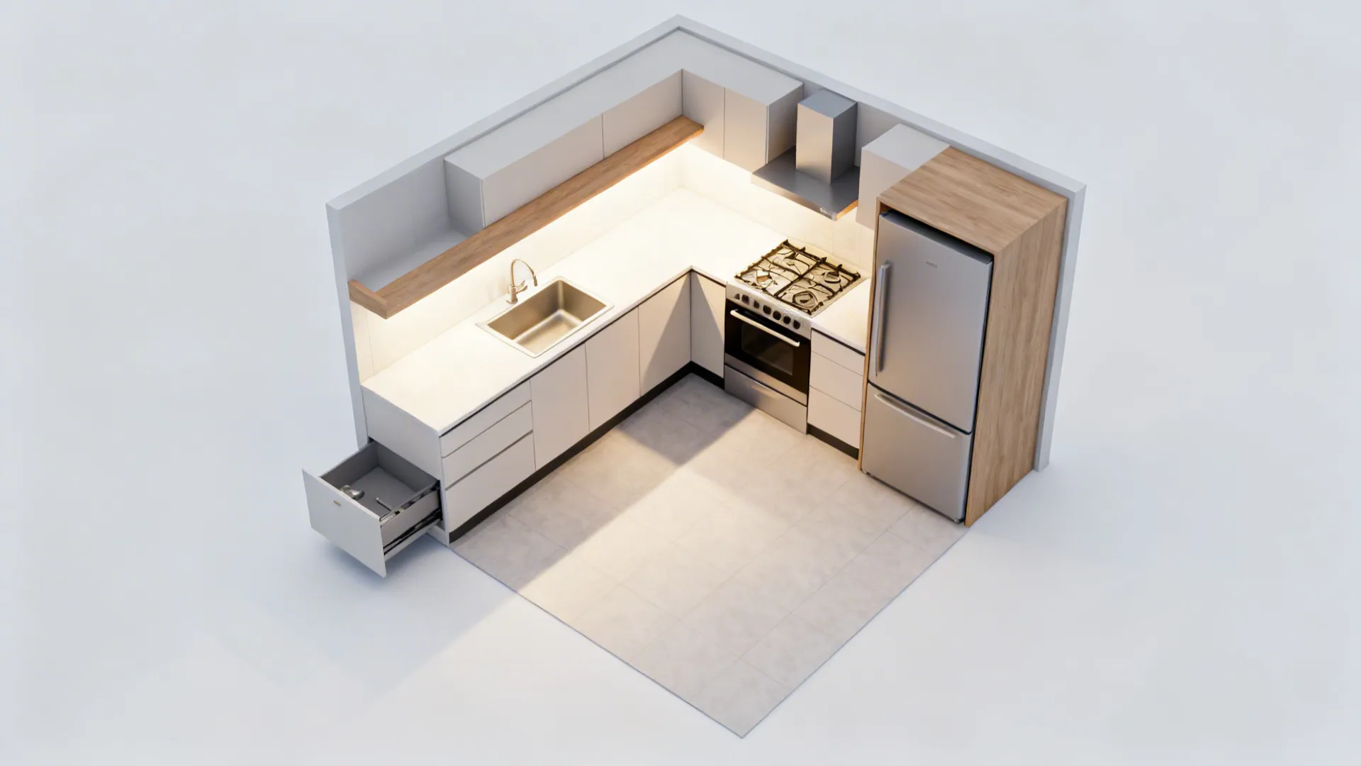 Top-down view of a compact L-shaped kitchen showing the working triangle and aisle clearance.
