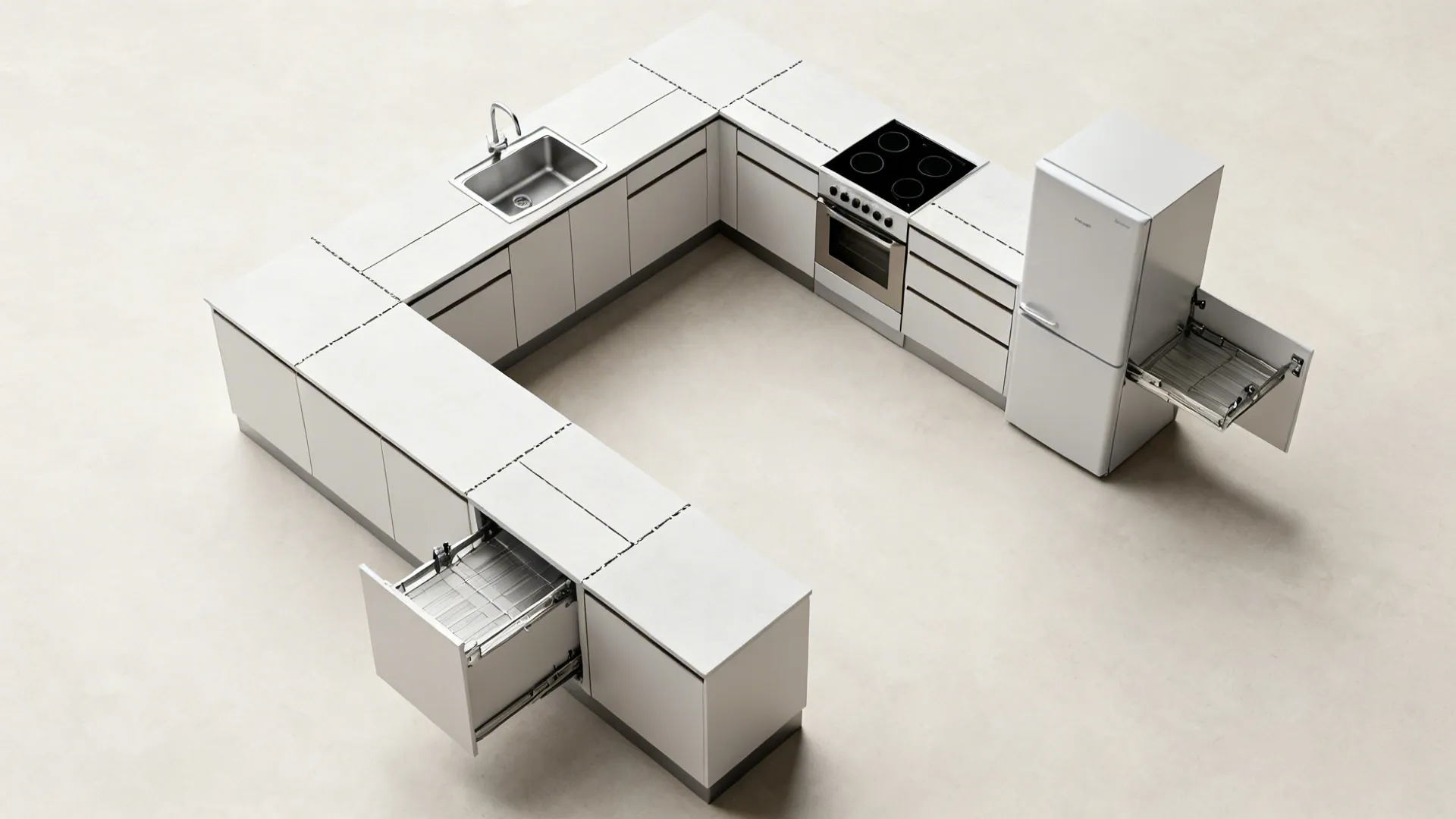 L-shaped layout to free countertop space