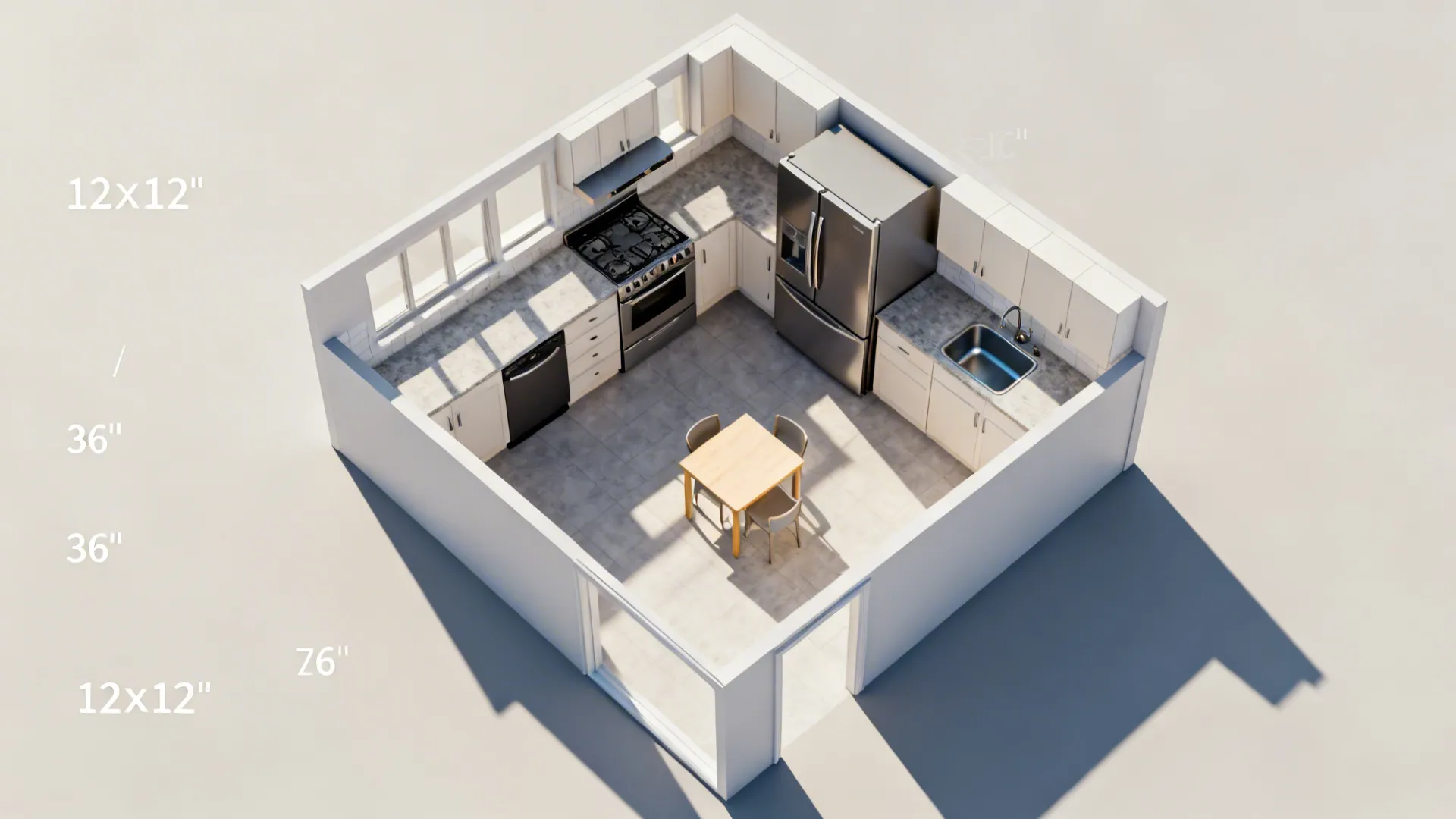 Top-down view of a 12x12 L-shaped kitchen plan with clear circulation and work zones.