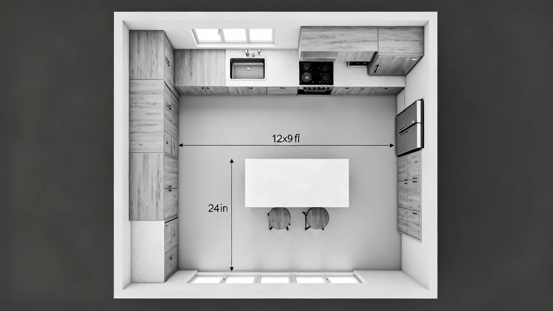 Top-down view of a 12×9 ft L-shaped kitchen with clear aisles and landing zones.