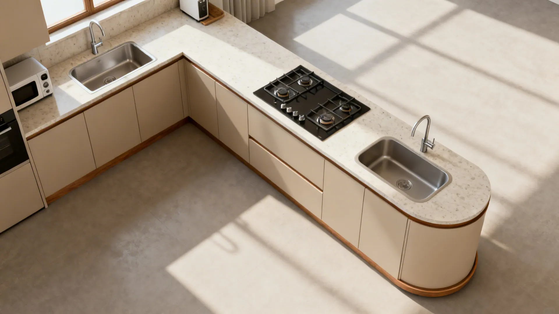 Beige corner kitchen island with marble countertop two sinks gas stove and bright natural sunlight