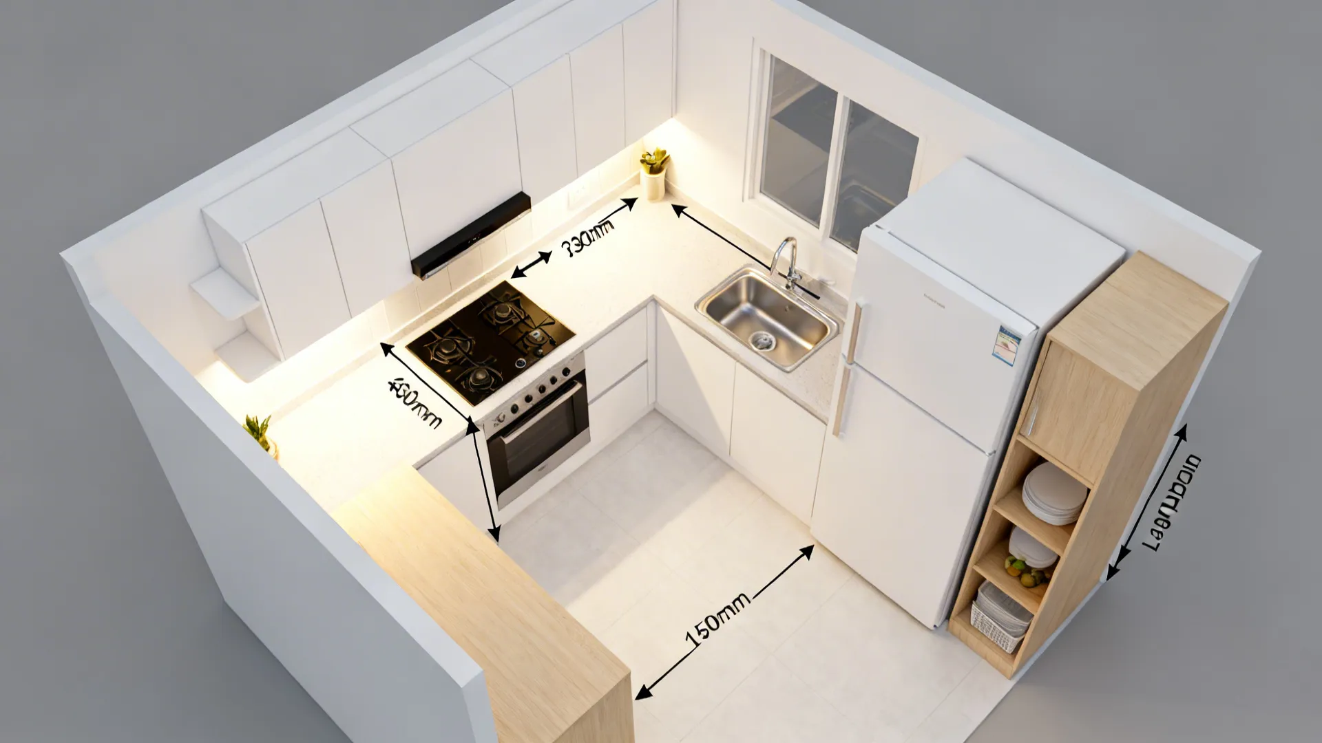 Top-down view of a small HDB L-shaped kitchen showing clear prep and cook zones.