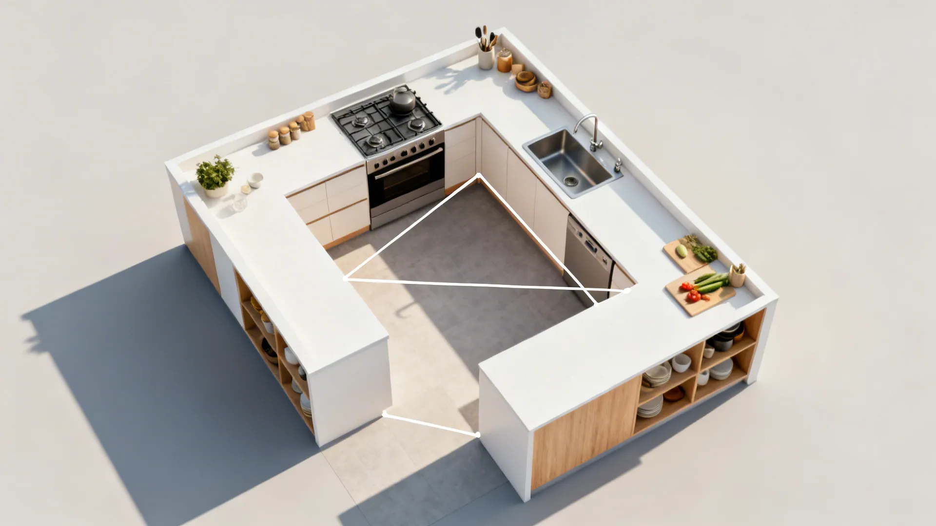 Top-down view of an L-shaped compact kitchen showing clear circulation and work triangle.