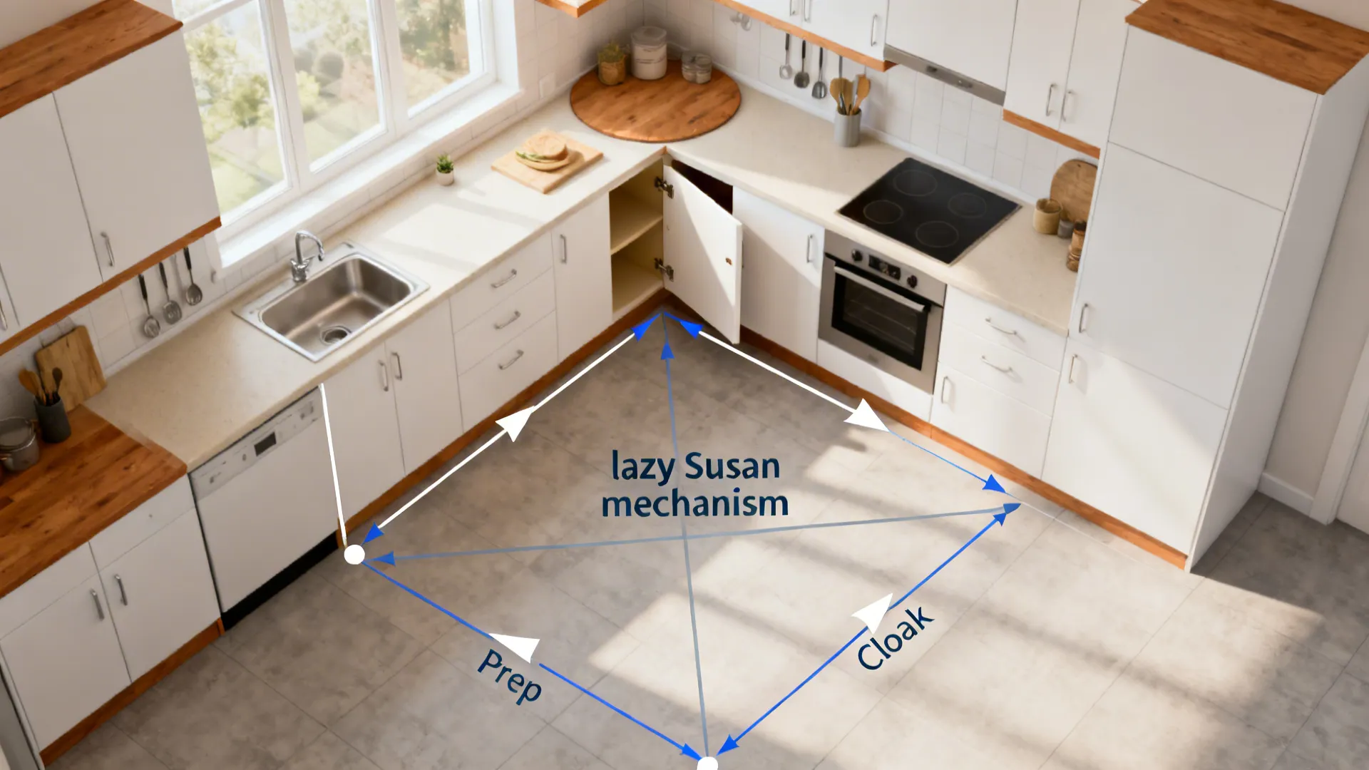 Top-down view of a small L-shaped kitchen plan showing zones and corner storage.