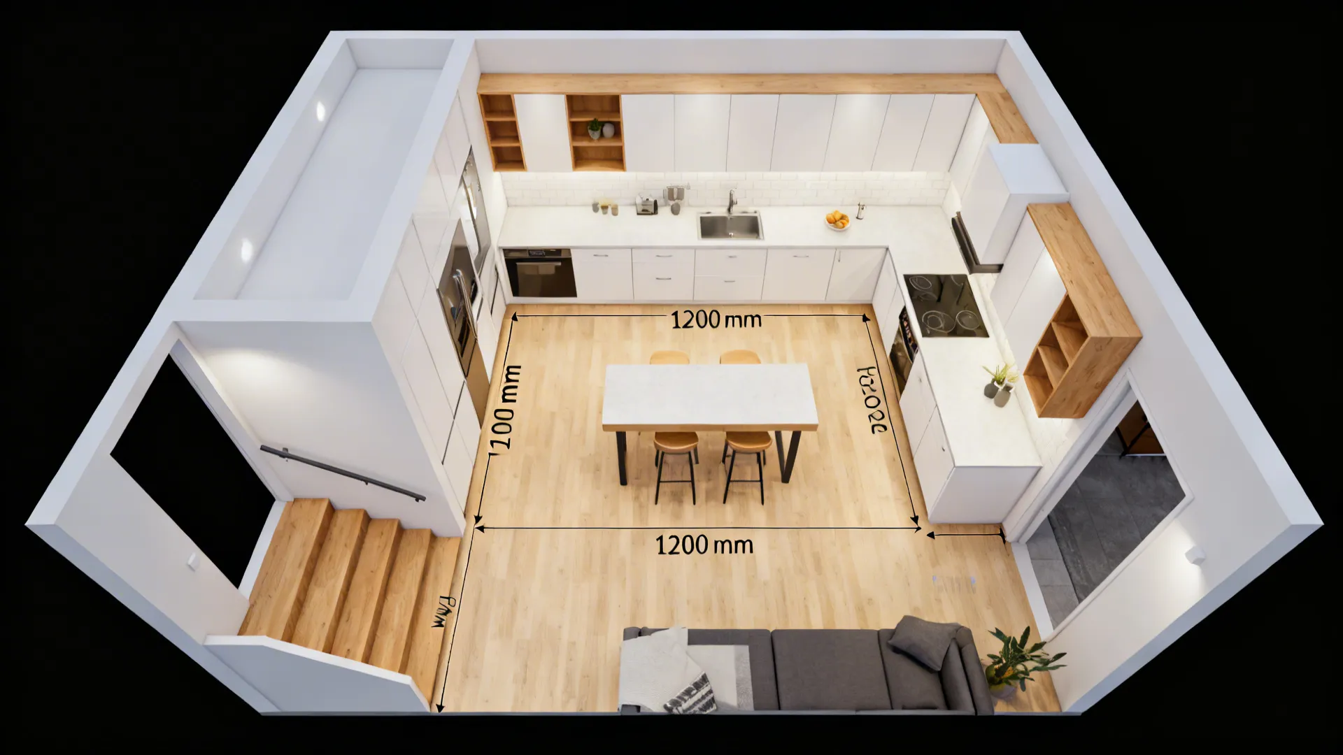 Top-down view of L-shaped kitchen with clear circulation near stairs and living area.