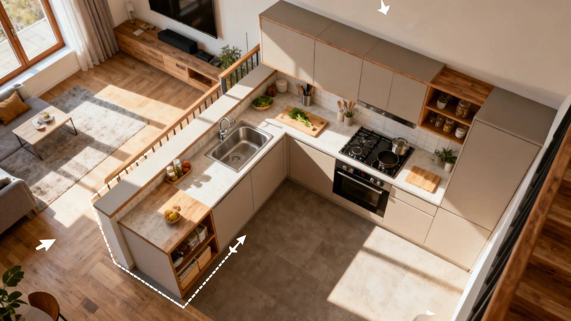 L-shaped layout that frees more counter space