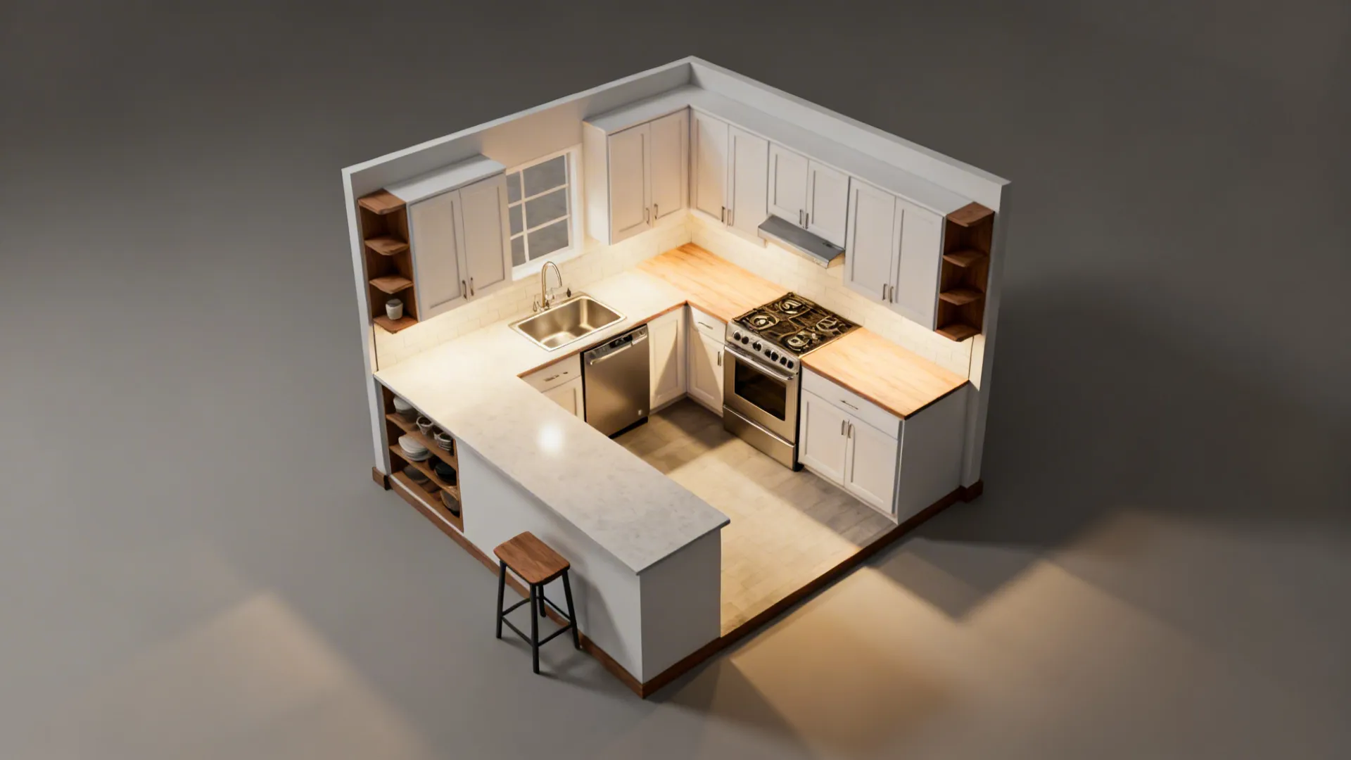 Top-down plan view of a compact L-shaped kitchen with clear aisles and optimized triangle.