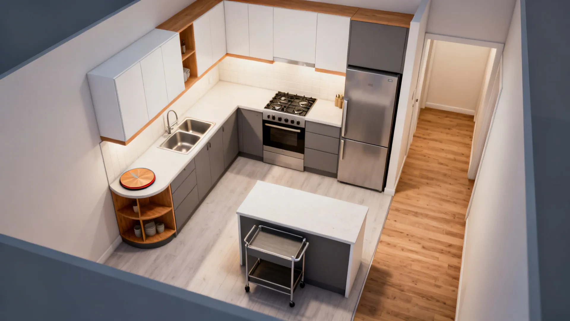 Top-down plan view of an L-shaped small kitchen showing work triangle and clear hall circulation.