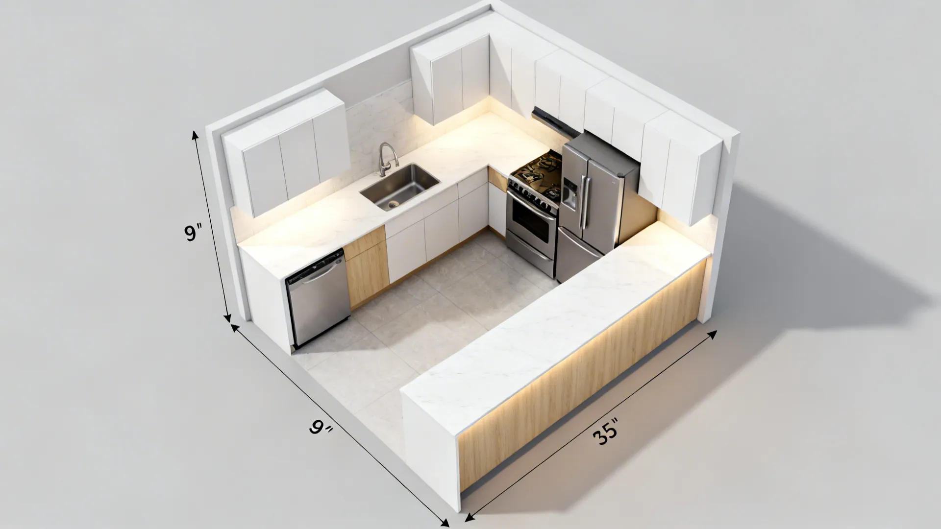 Top-down view of a compact L-shaped kitchen with clear work triangle and comfortable circulation.