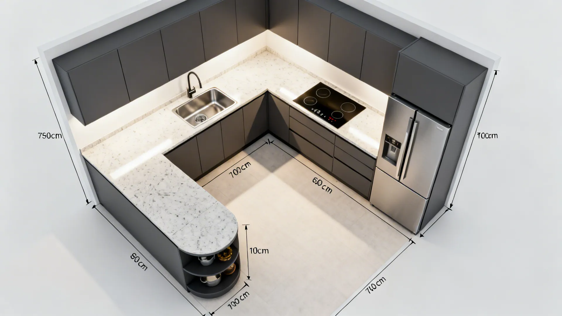 Top-down L-shaped compact kitchen plan with defined work zones and corner storage.