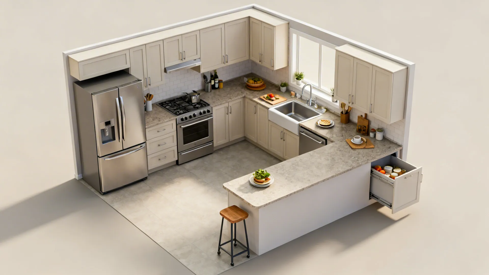 Interior design drawing showing a beige kitchen layout with fridge, stove, sink, and breakfast bar