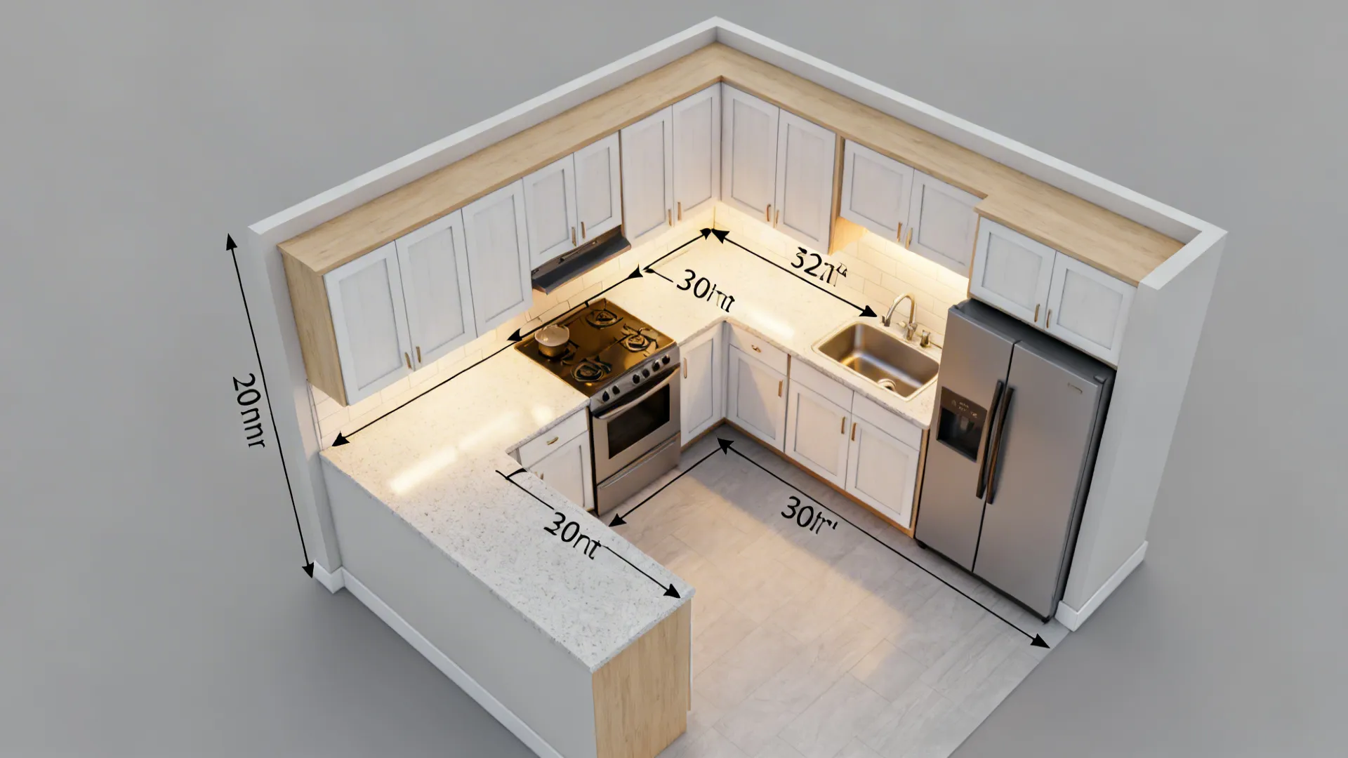 Top-down L-shaped small kitchen plan with clear triangle and corner solution.