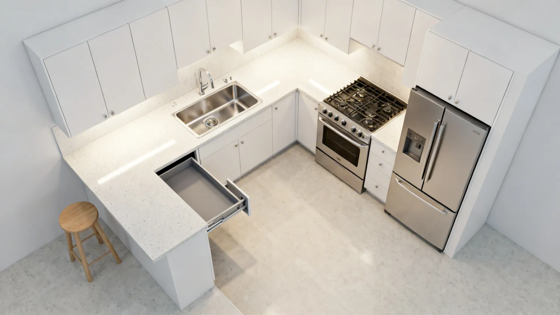 Top-down view of a compact L-shaped kitchen with a corner pullout and clear prep zone.