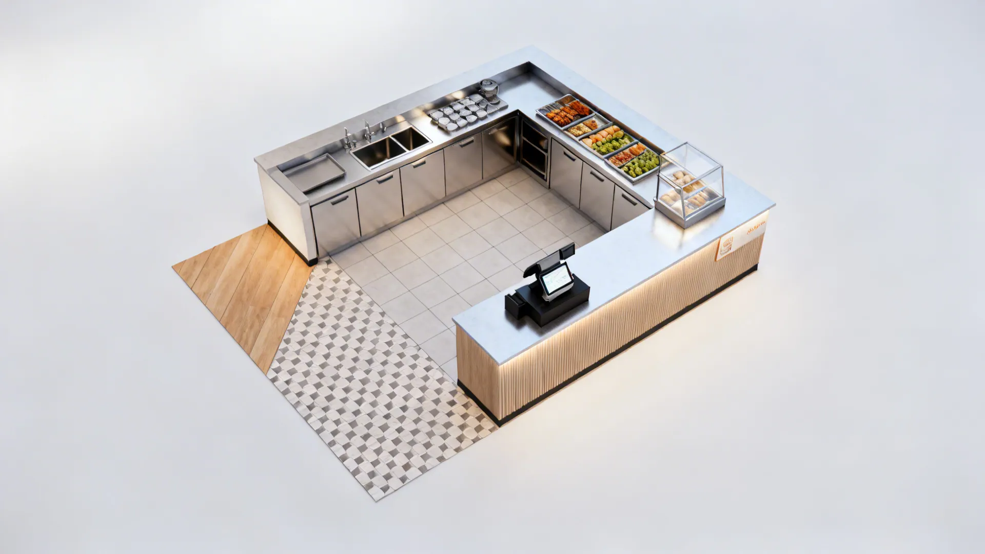 Top-down L-shaped kiosk plan showing pass zone, prep/POS leg, and a chamfered inner corner for flow.