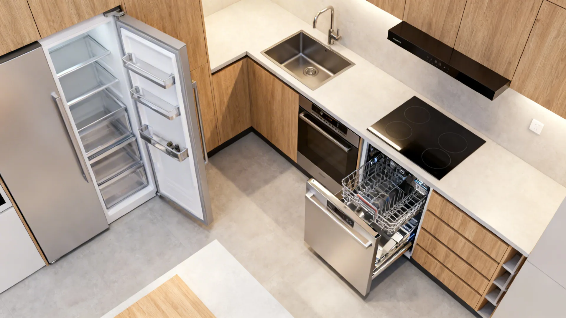 Top-down view of an L-shaped small kitchen showing clearances and door swings.