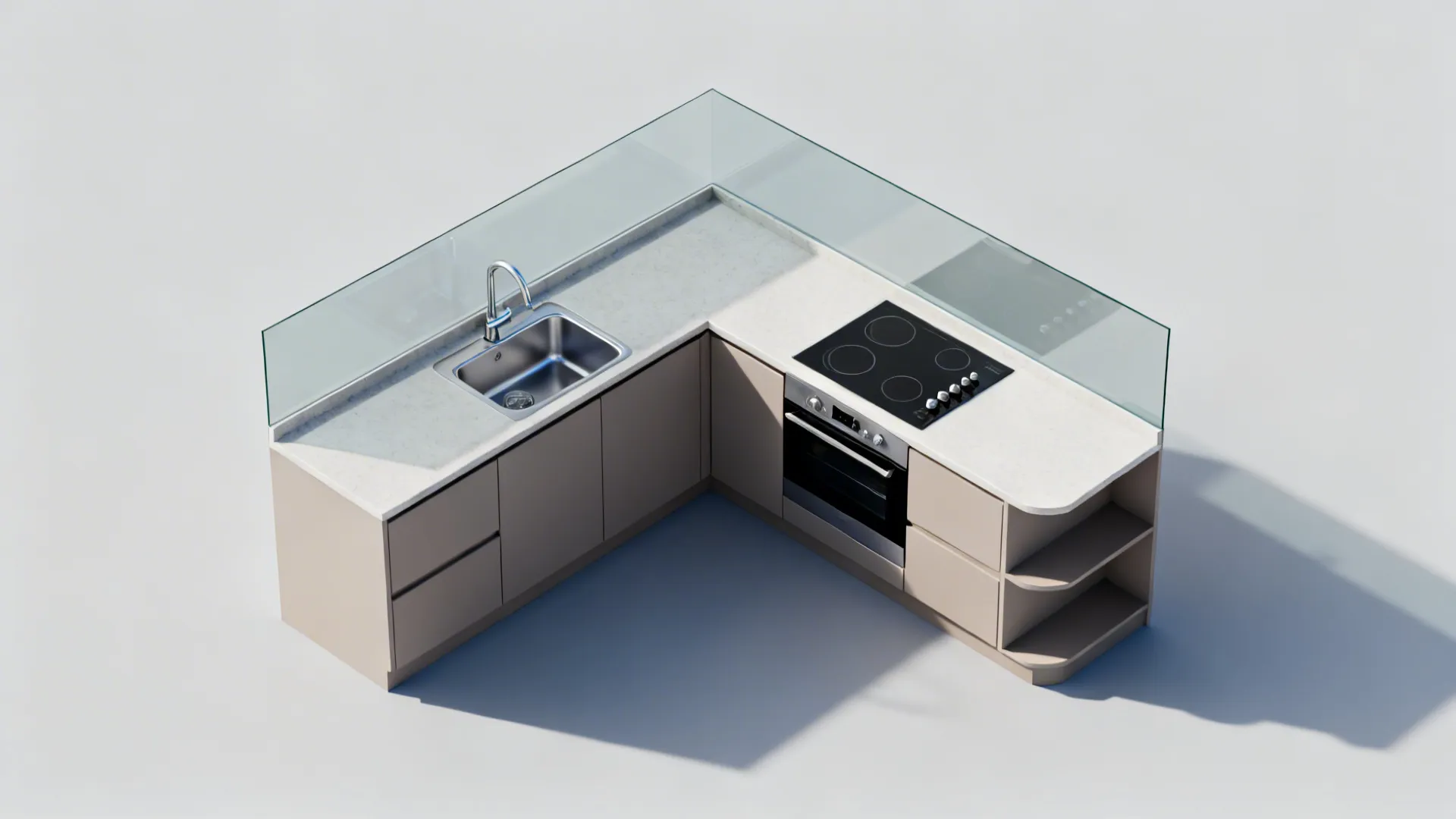L shaped kitchen interior design drawing with sink stovetop oven beige cabinets and clear glass