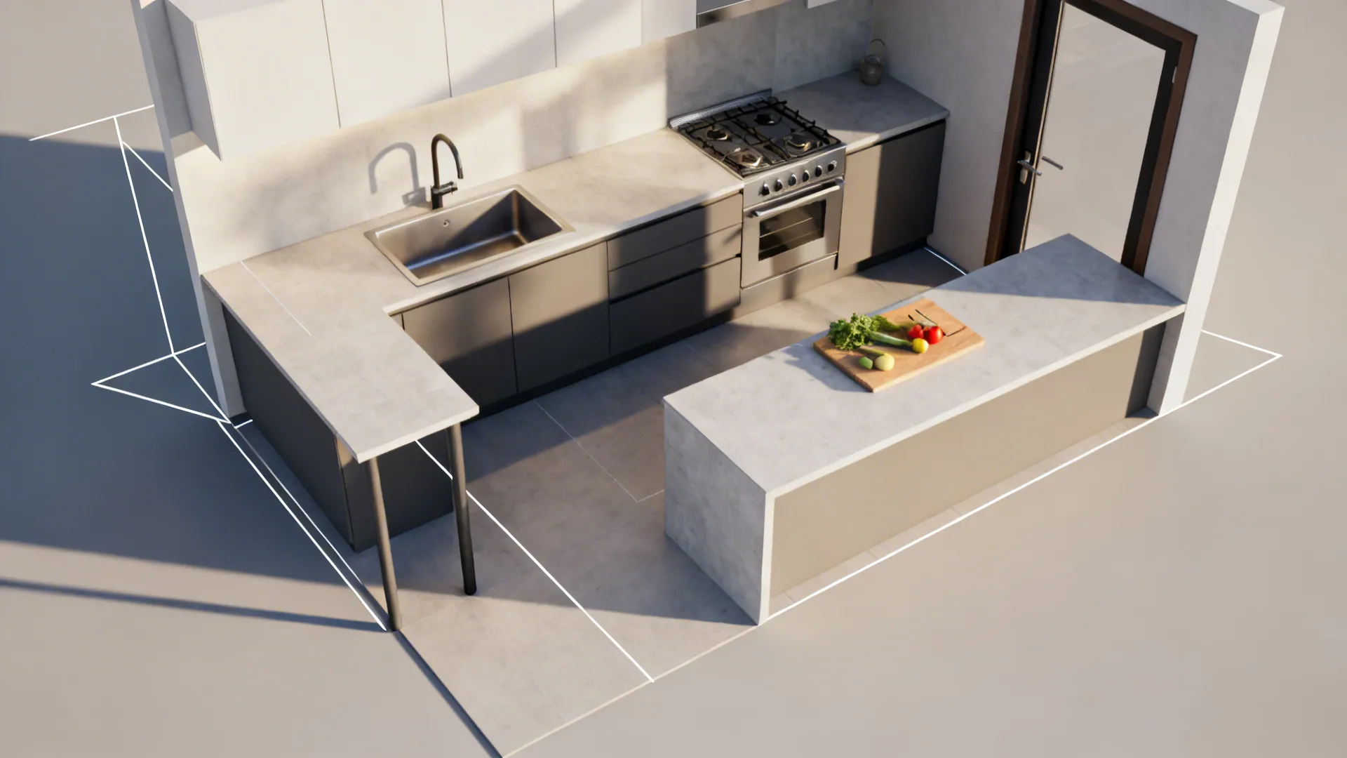 Top-down view of a compact L-shaped kitchen with tight work triangle and clear aisle.