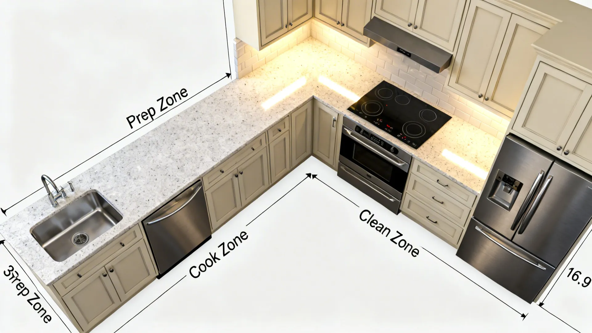 Top-down L-shaped kitchen plan showing work zones and appliance clearances