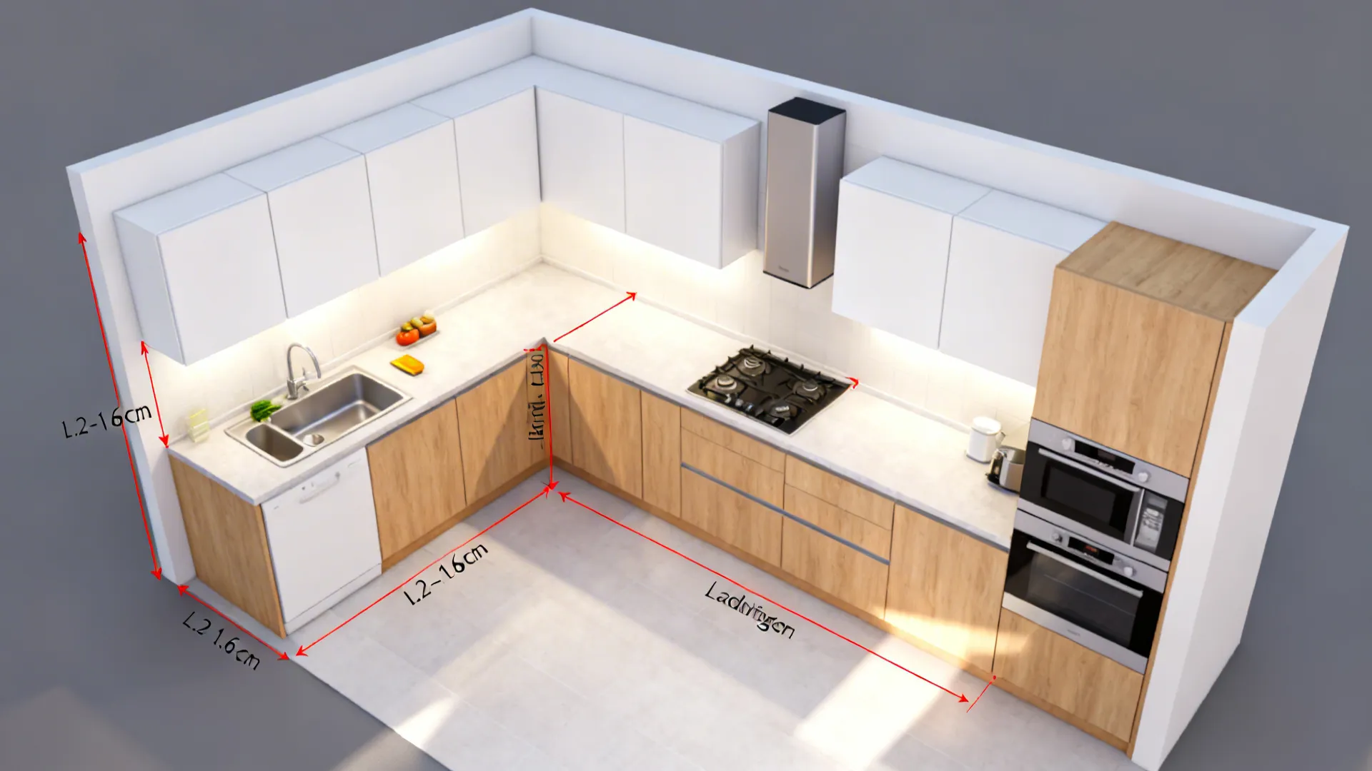 Interior design drawing of L-shaped kitchen with wooden cabinets white cupboards and red dimension lines