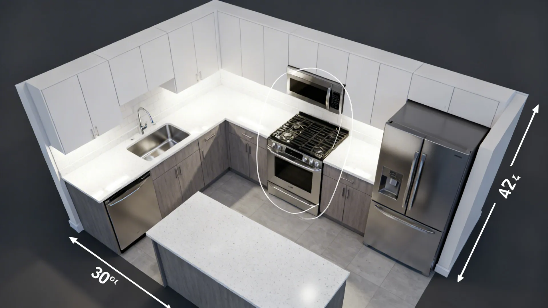 Top-down visualization of a small L-shaped kitchen showing prep zone and clearances.