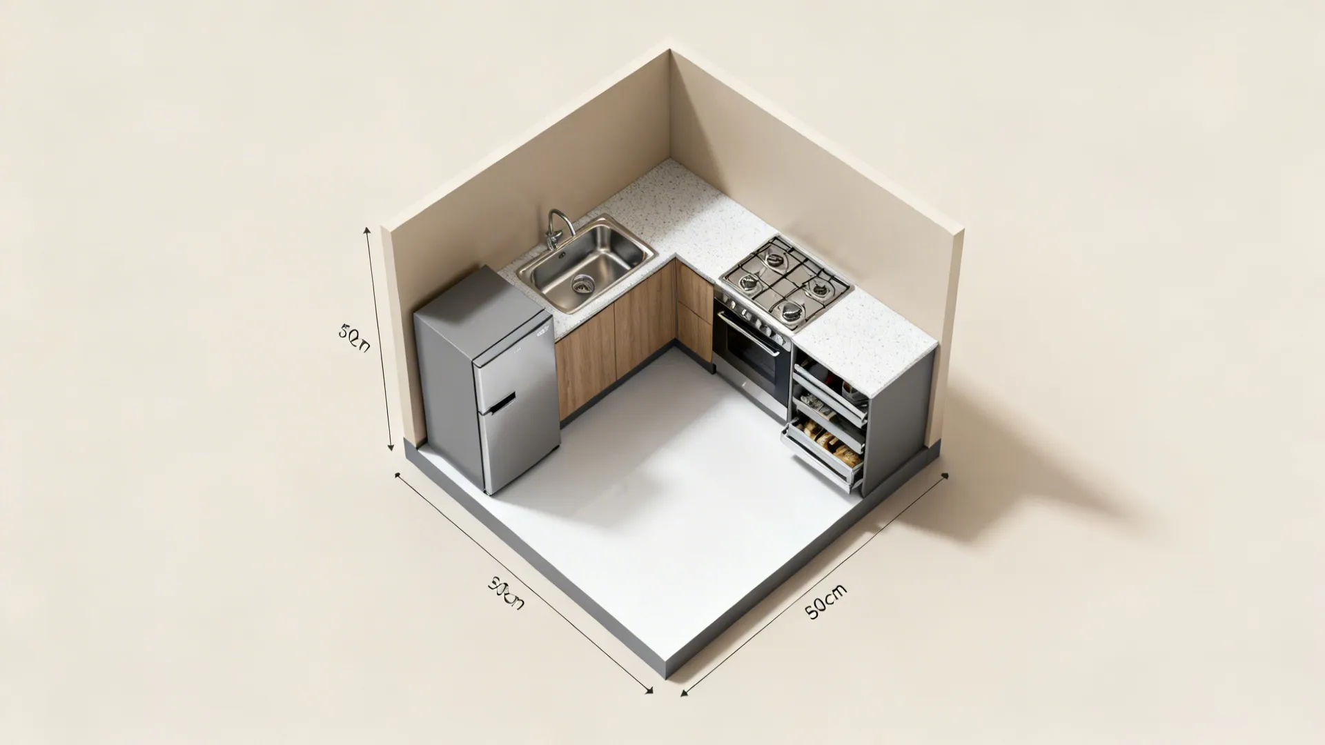 Top-down view of an efficient L-shaped small kitchen with clear work zones.