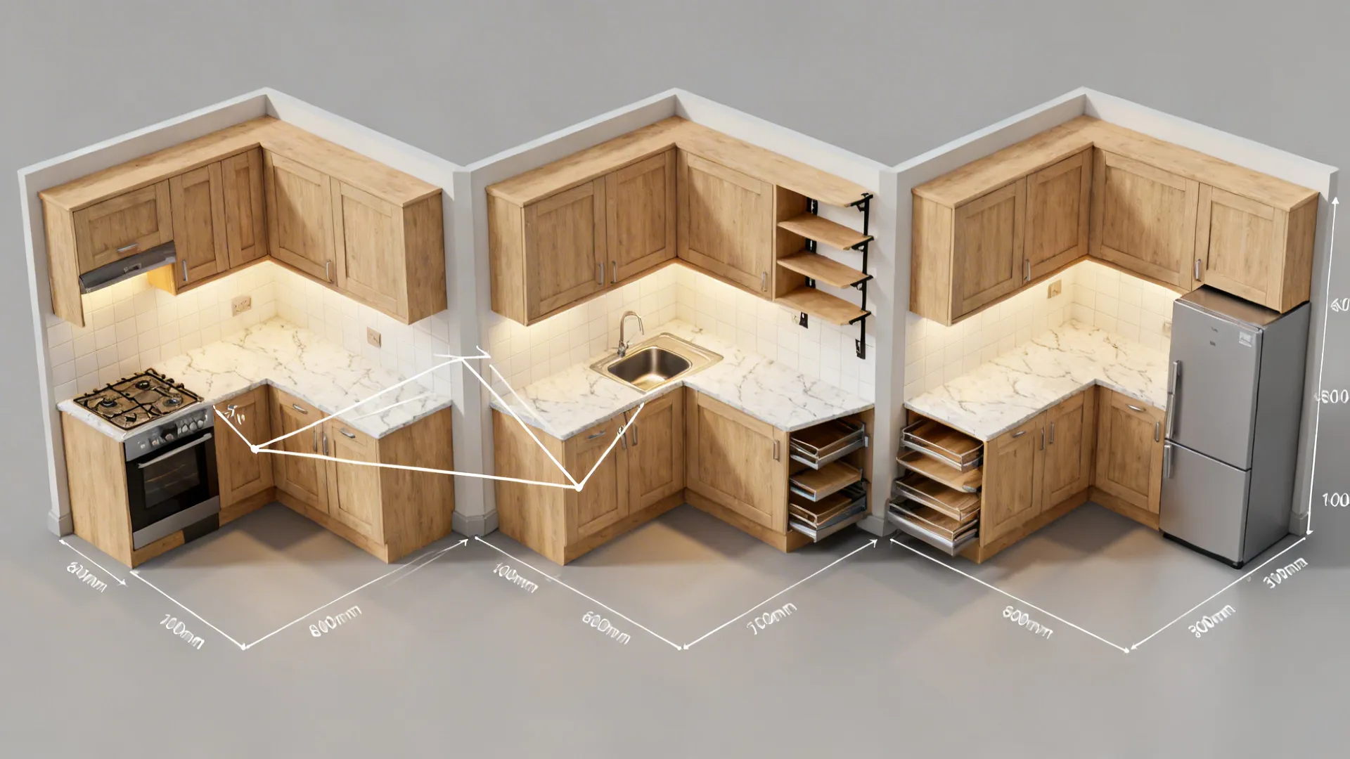 Top-down comparison of three L-shaped corner solutions with clear work triangle and safe clearances.