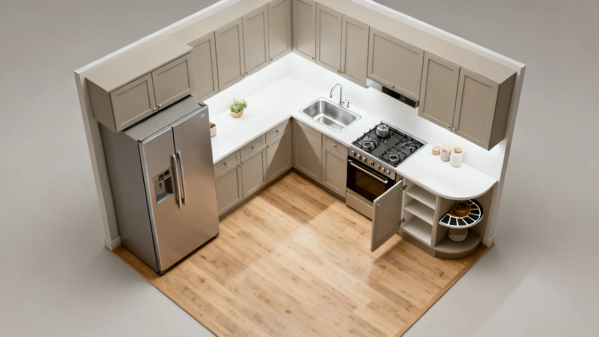 Top-down view of a compact L-shaped kitchen with clear work zones and a corner carousel.