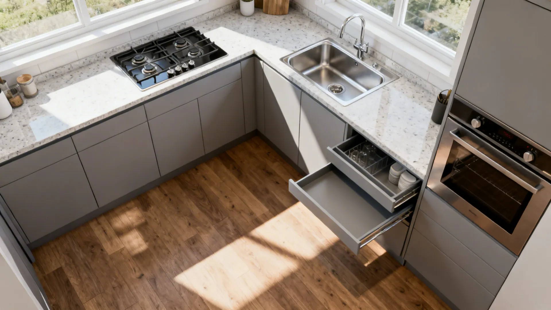 Top-down view of a compact L-shaped kitchen with matte fiber cabinets and corner tray.