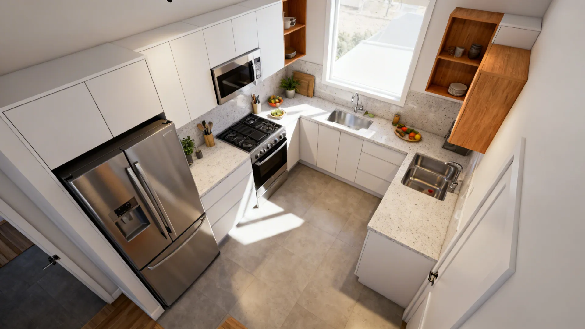 Top-down view of a compact L-shaped kitchen with clear prep runs and appliance clearances.