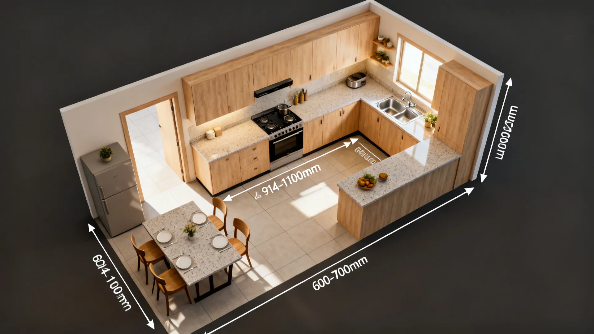 Compact L- or G-shaped layouts that respect the entrance sweep