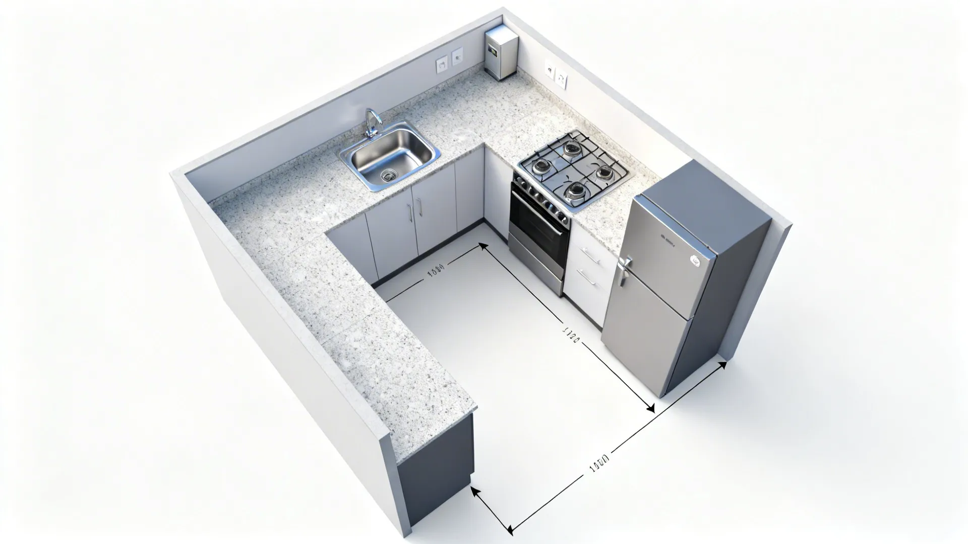 Top-down view of an L-shaped kitchen showing work triangle and counter zones.