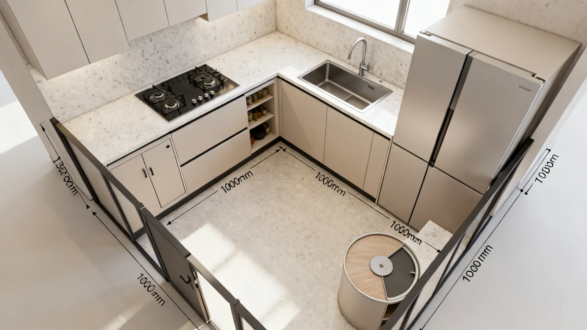 L-shaped workflow with a mini storeroom pocket