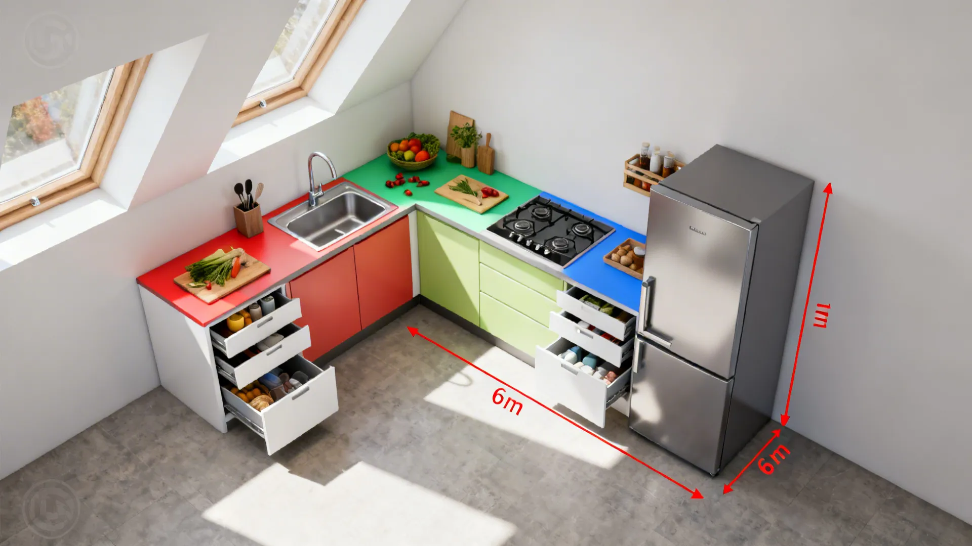 L-shaped layout to reclaim counter depth and flow