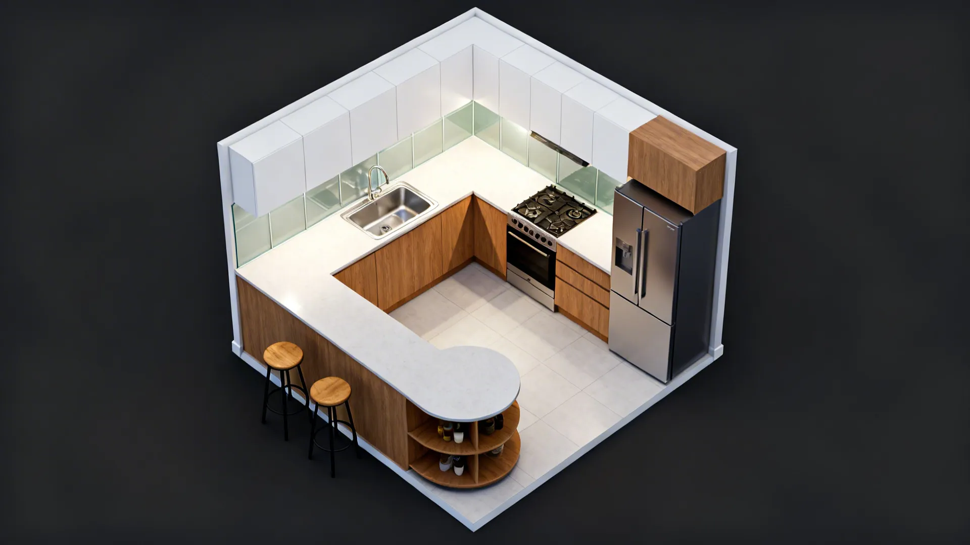 Modern U-shaped kitchen layout with white cabinets wood base units large fridge and two stools