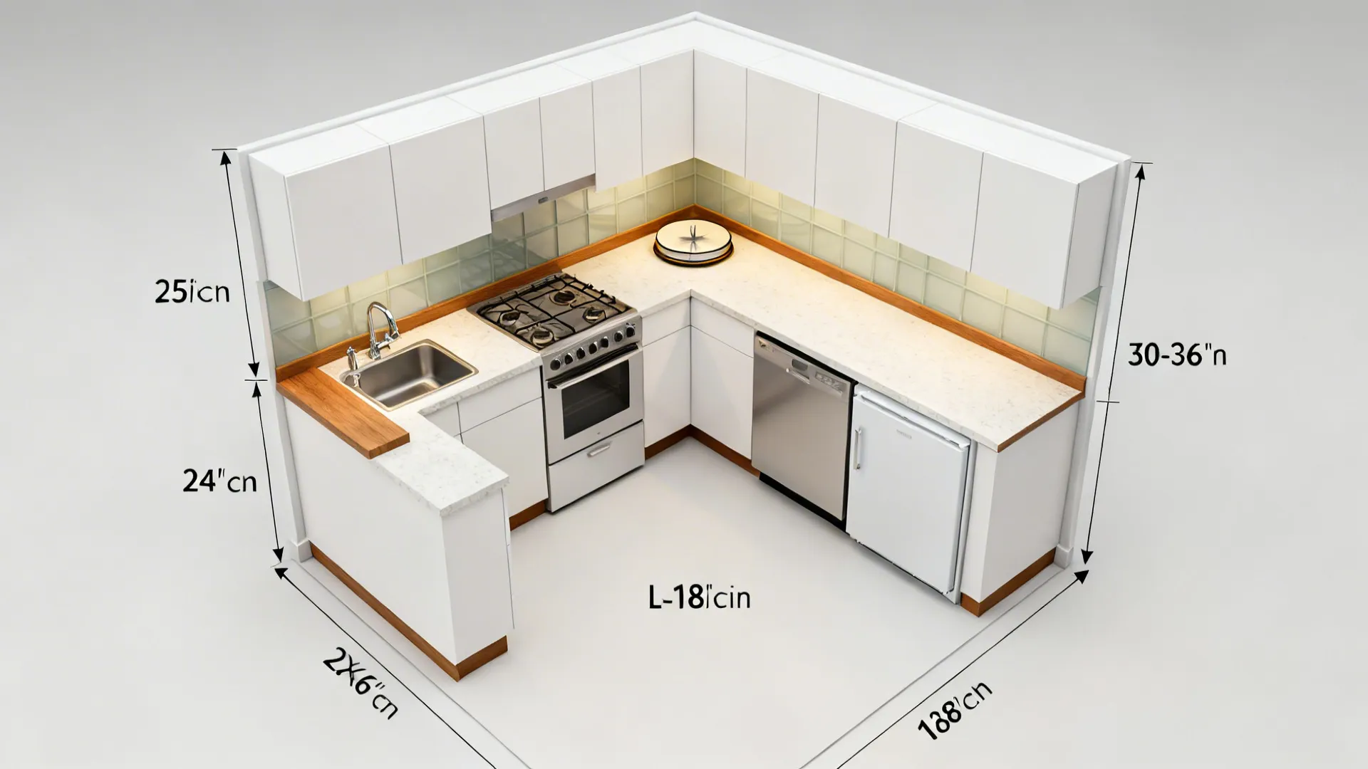 Top-down view of a compact L-shaped 6x6 kitchen with clear work zones and compact appliances.