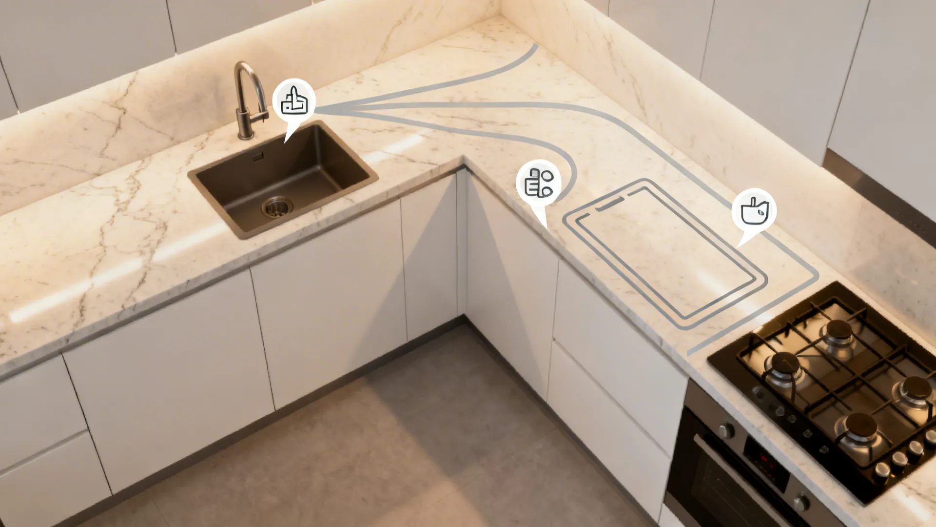 Top-down view of an L-shaped kitchen layout highlighting continuous counters and work zones.