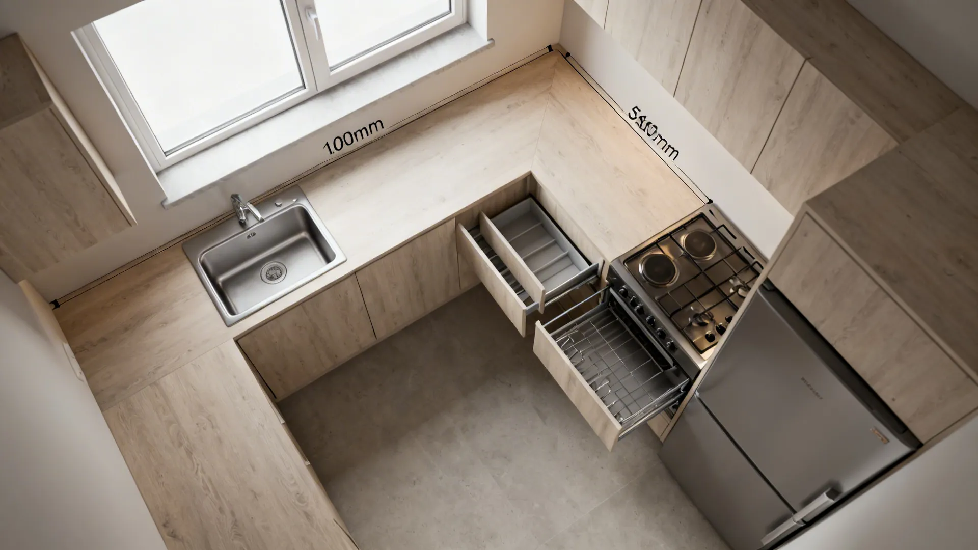 L-shaped layout to free counter near the window