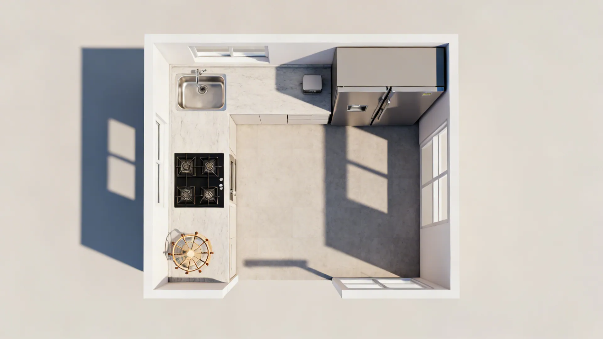 Top down view of small kitchen layout with white cabinets grey fridge sink and stove