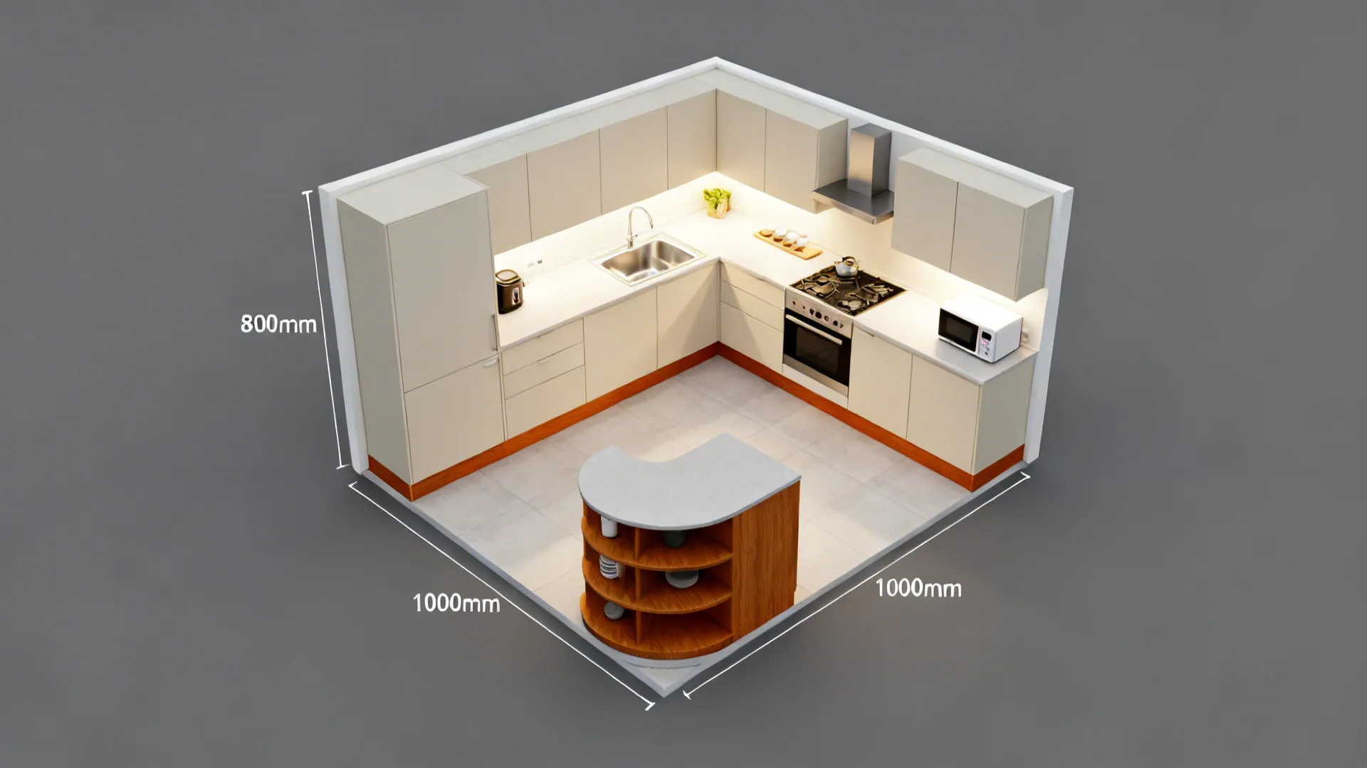 Top-down view of an L-shaped compact kitchen with clear work zones and aisle.