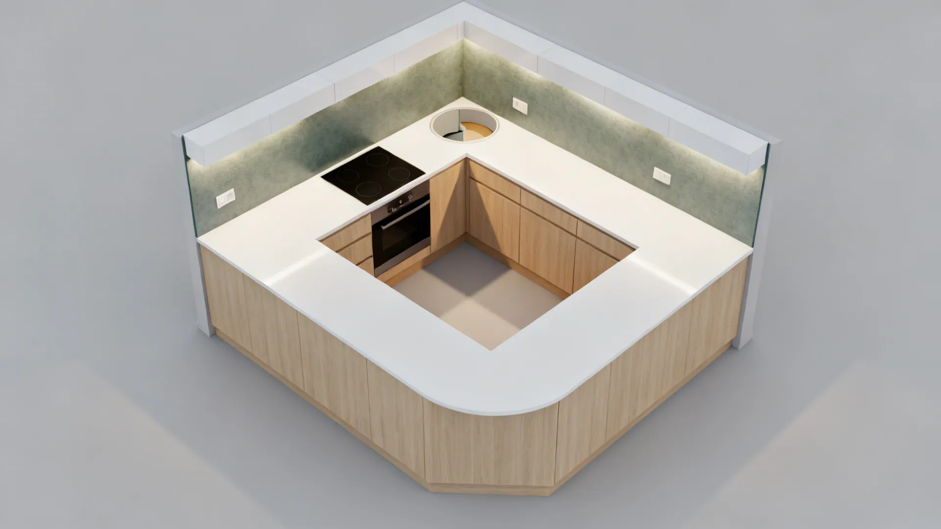 Top-down view of a compact L-shaped kitchen with continuous counters and efficient zones.
