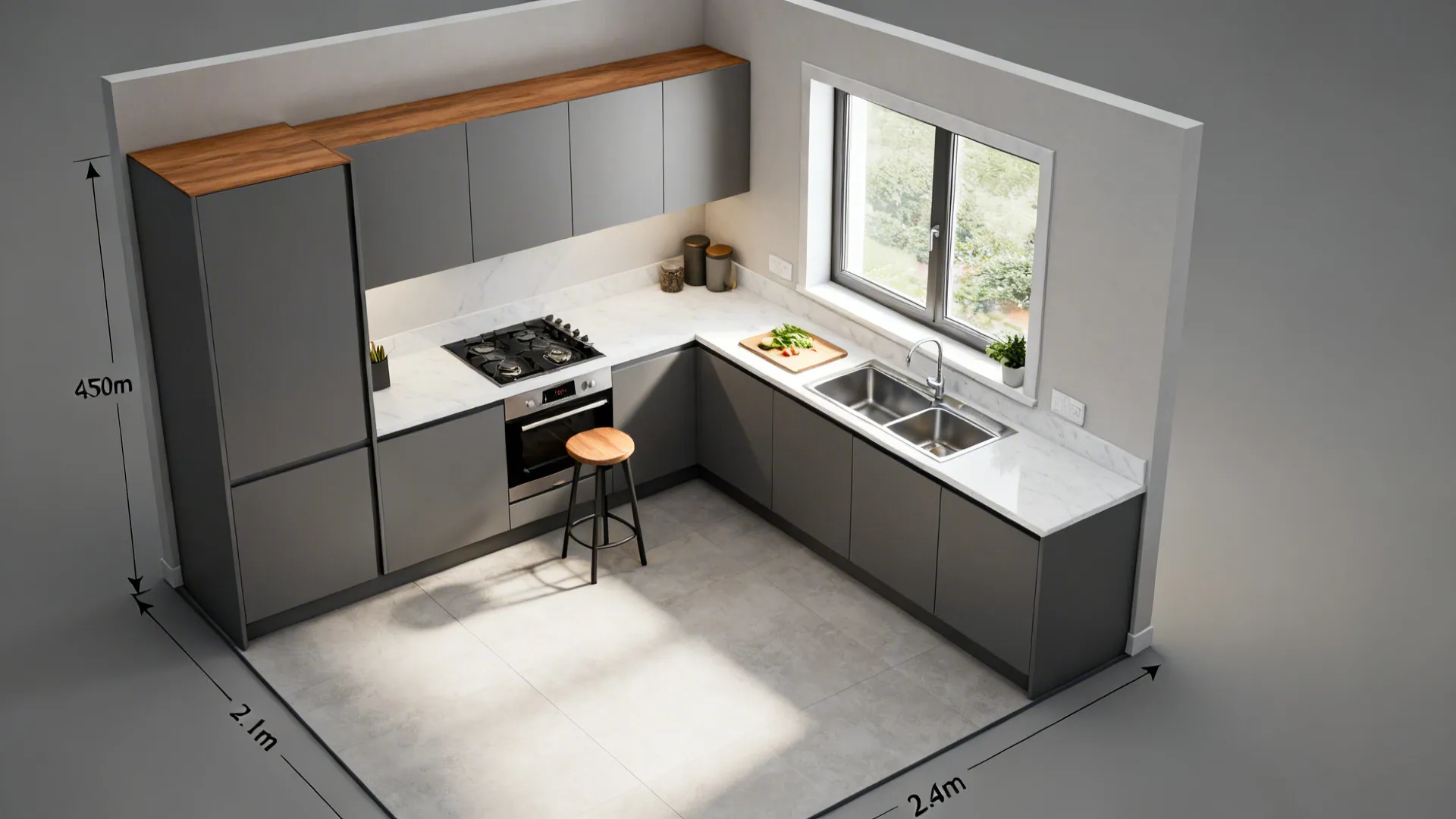 Top-down view of a compact L-shaped kitchen with a shallow return and generous prep counter.