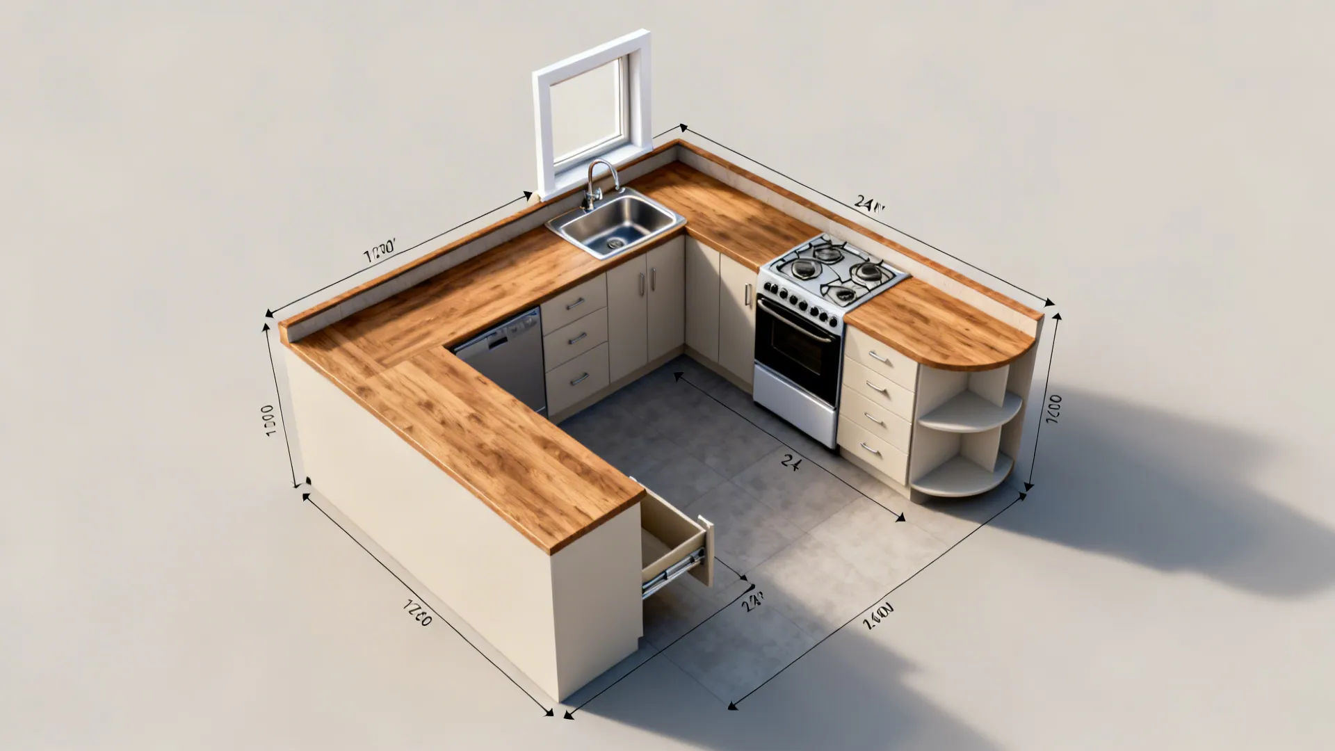 Top-down view of a compact L-shaped kitchen with sink at window and cooktop on short leg.