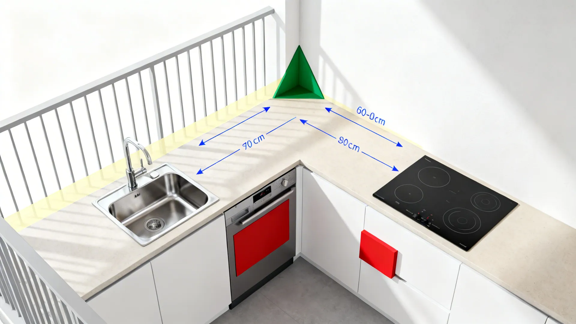 Top-down view of an L-shaped balcony kitchen showing work zones and clear circulation.