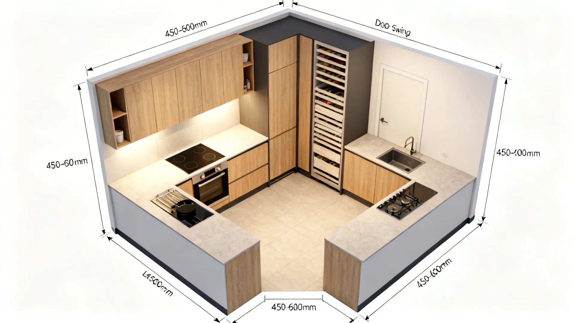 Top-down L-shaped kitchen layout with tall storage and clear prep zones.