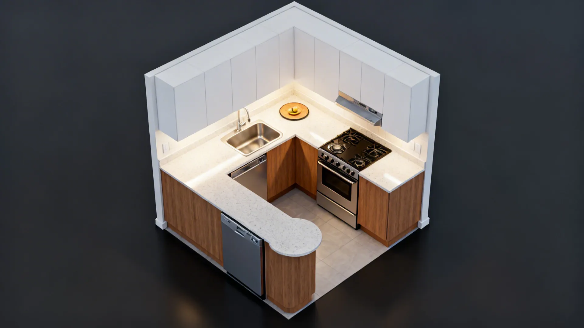 Top-down view of a 6x6 L-shaped kitchen showing sink, cooktop, and a clear prep zone.