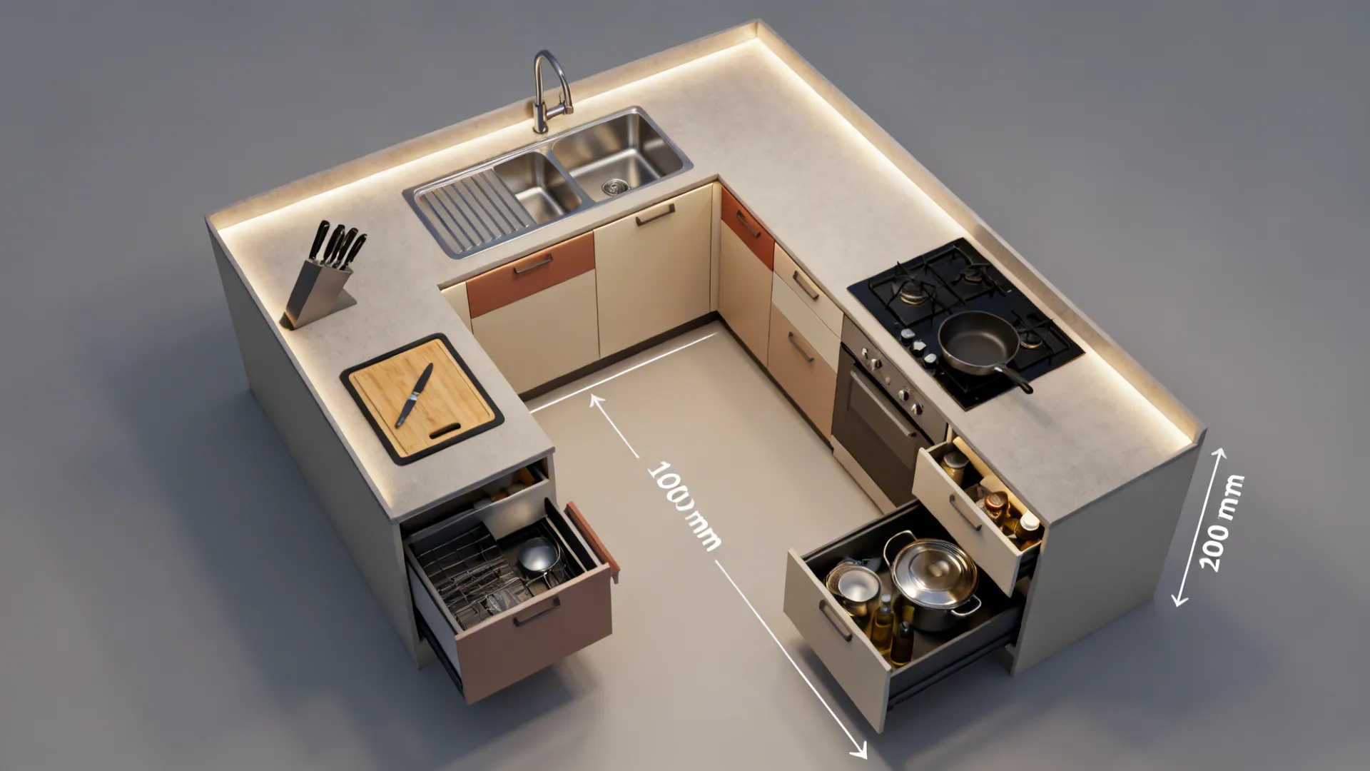 Top-down view of L-shaped kitchen with storage zones and 1200 mm aisle.