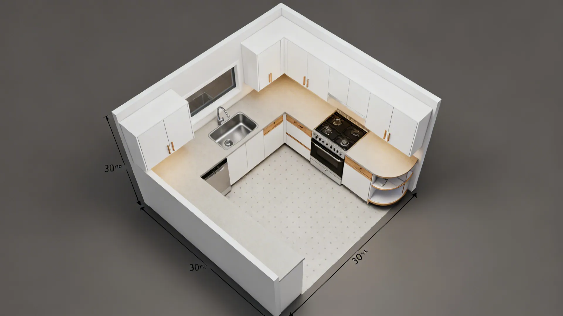 Top-down view of a compact L-shaped kitchen with clear prep and work zones.