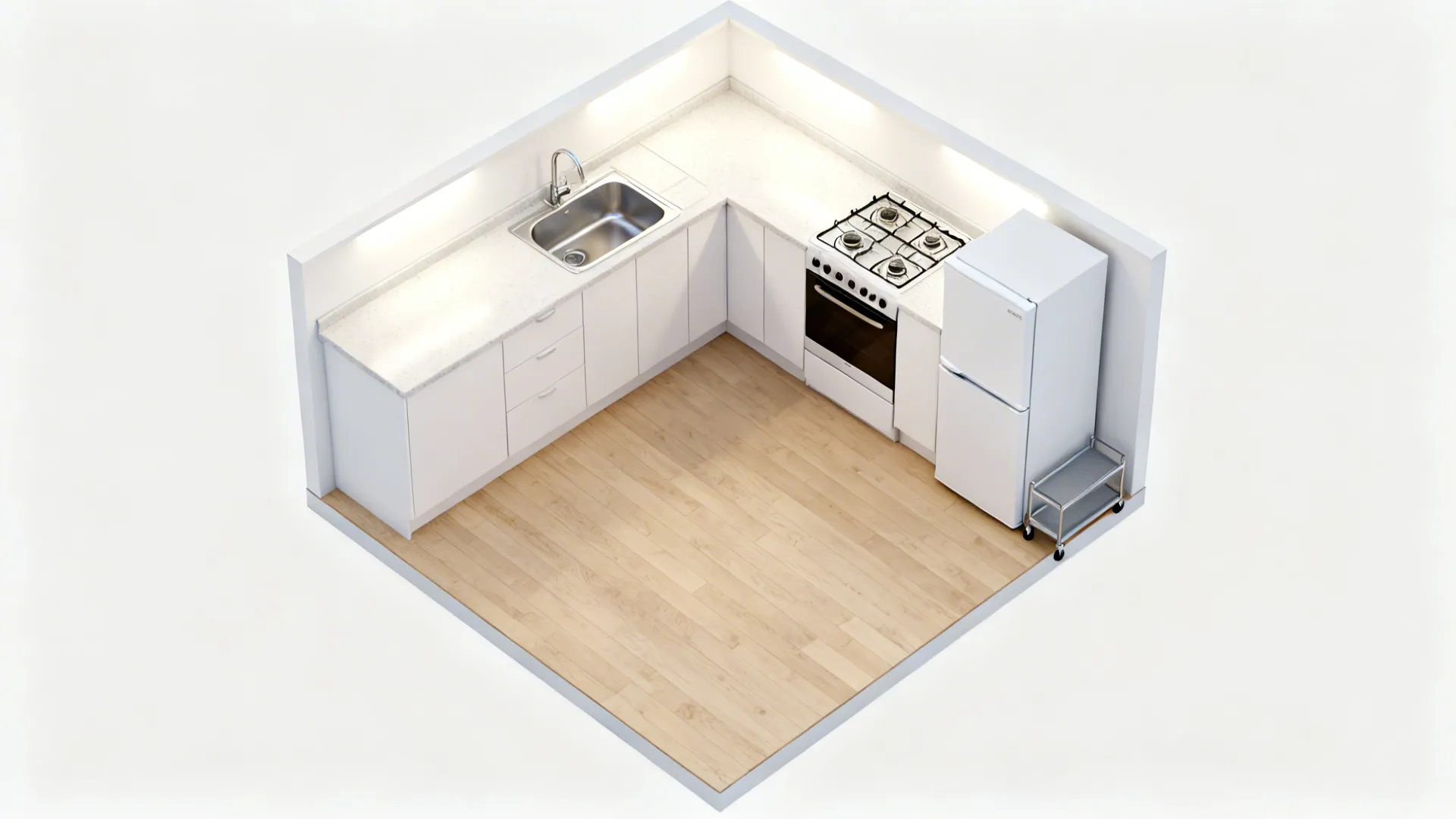 Top-down view of a compact L-shaped kitchen with a 90 cm prep zone between sink and cooktop.