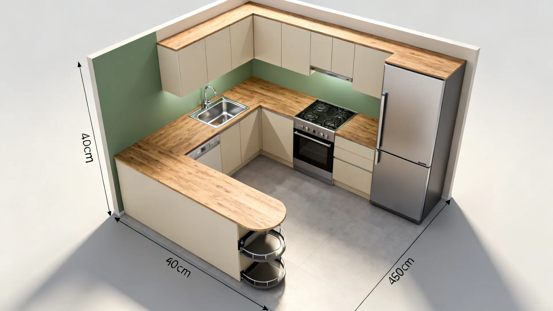 Top-down view of a compact L-shaped kitchen with a tight, efficient work triangle.