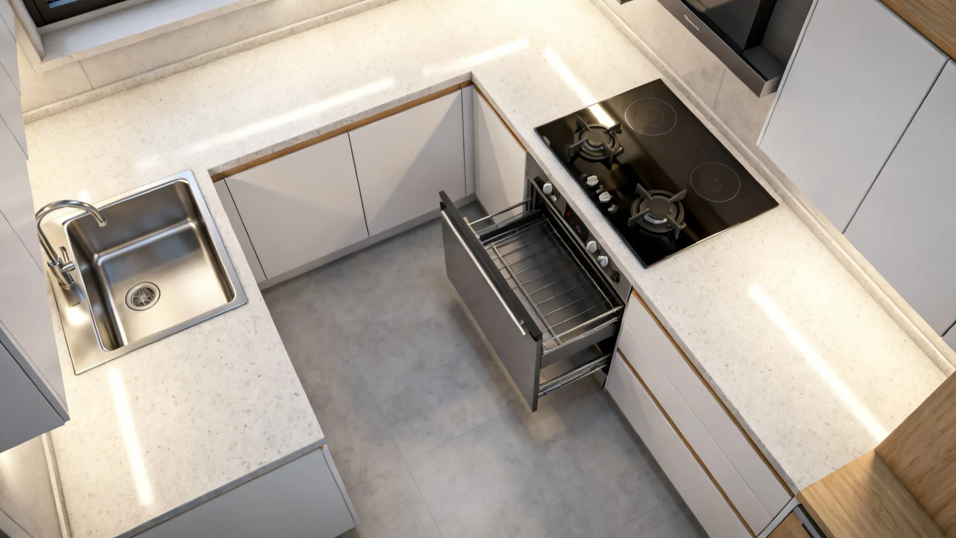 Top-down L-shaped small kitchen plan with clear prep zone and 900 mm aisle.